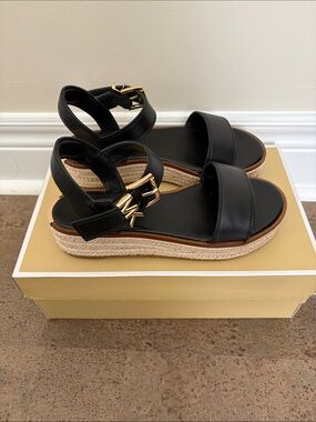 Michael Kors Black Leather Platform Espadrille Sandals with Gold MK Accent